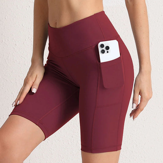 CHRLEISURE Nahtlose Yoga-Shorts für Damen mit Taschen, hohe Taille, Po-Lifting-Radhose, Push-Up-Sport-Tights, Sportbekleidung