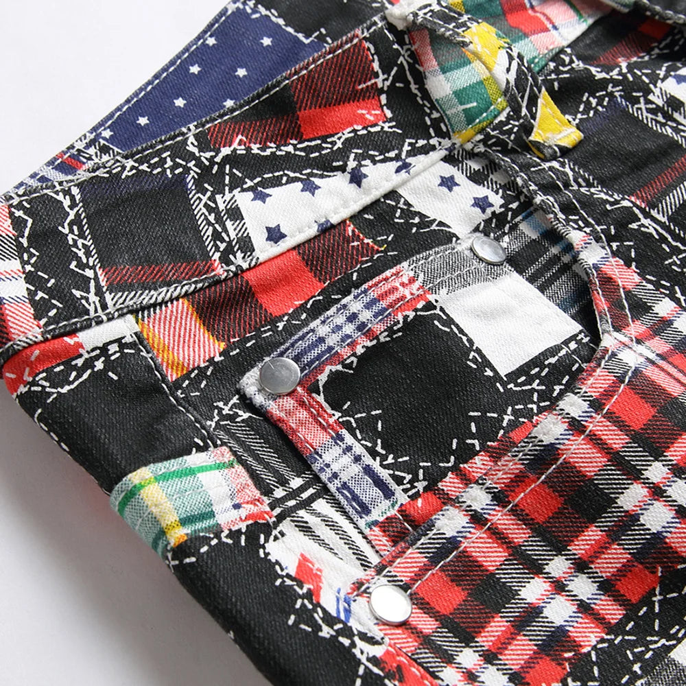 Männer Plaid Digital Print Jeans Mode Patches Patchwork Stretch Denim Hosen Schlank Gerade Hose