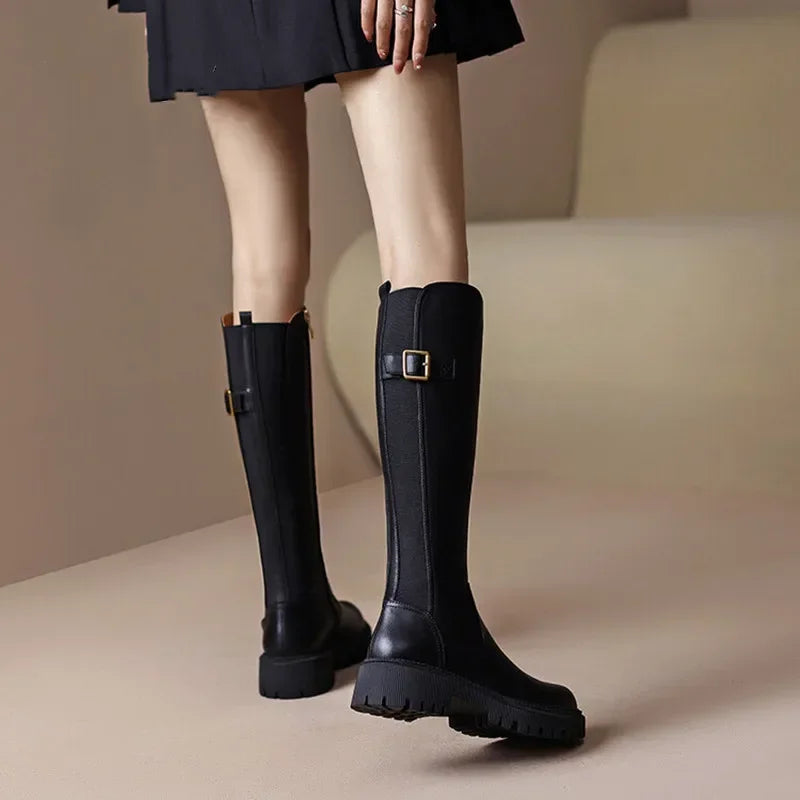 2025 Platform Women Knee Chunky Heels Boots Fashion Belt Buckle Knight Long Booties Autumn Winter Female Thick Heel Shoes