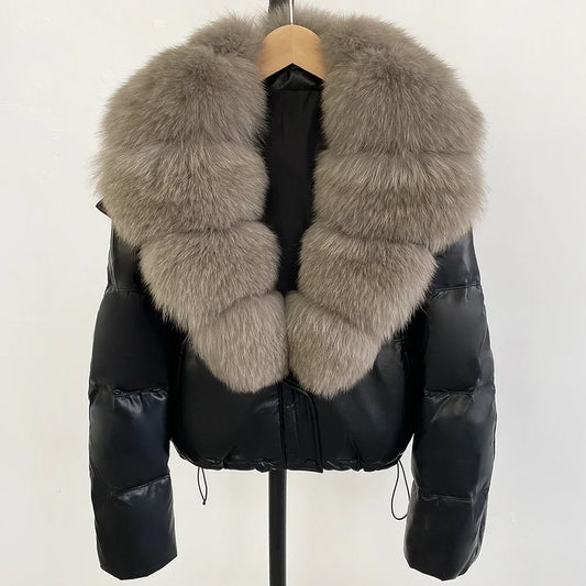 Natural Fox Fur Collar 90% White Duck Down Jacket Women Winter Short Waterproof PU Puffer Coat Female