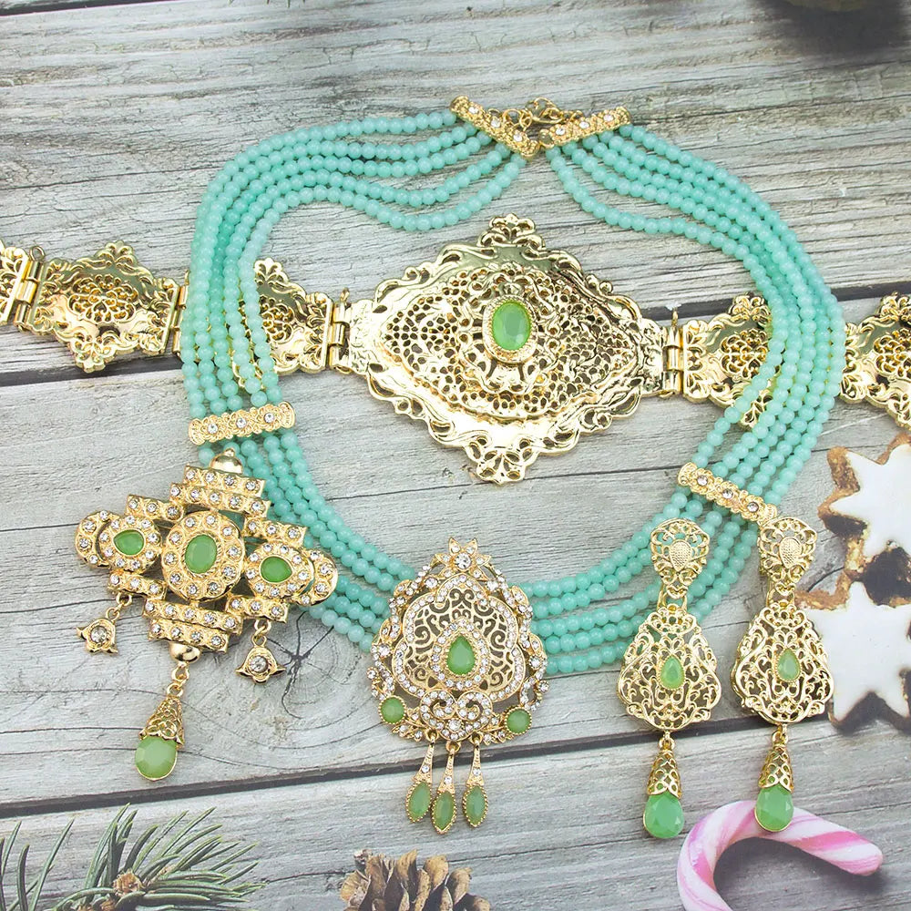 Sunspicems Gold Color Morocco Caftan Belt Waist Chain Women Beads Chain Choker Necklace Long Earring Arab Bridal Wedding Jewelry