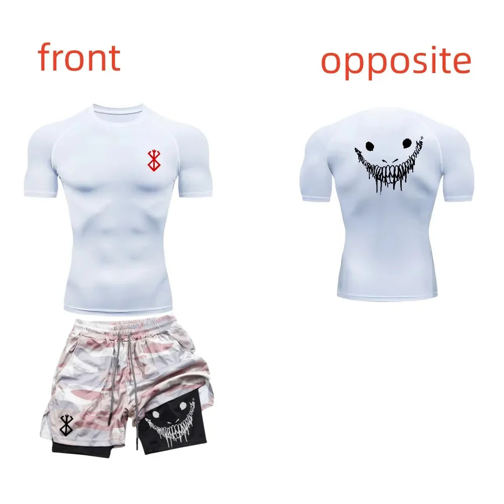 Men's fashionable casual fitness set, gym quick drying sportswear, shorts+shirt, 2-piece set, running, training, summer