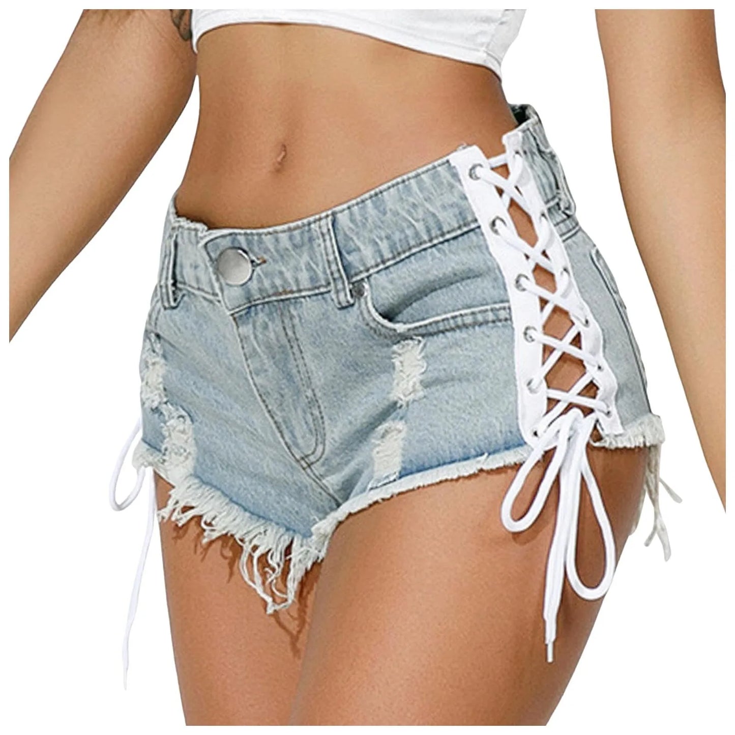 Denim Shorts Frauen 2024 Sommer Ripped Raw Rand Hot Pants Sexy Low Waist Side Lace-Up Nachtclub Tragen Y2k Mini Jean Shorts шорты