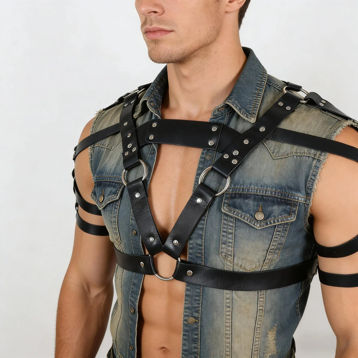Men's Punk Waist Belt, Gothic Black Leather Chest Harness Adjustable With Buckles and O-Rings Costume Costume