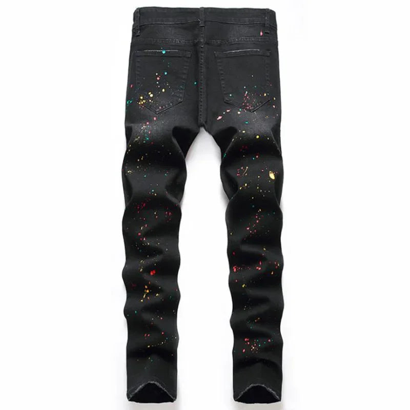 High Quality Men Casual Black Jeans Paint Slim Straight Hole Biker Jeans Autumn Jean Homme Male Denim Pants Plus Size
