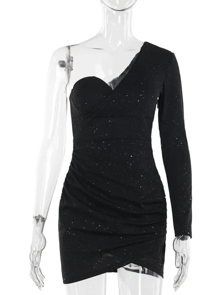 Trendix Silber Pailletten Party Kleid Frauen Sexy Off Schulter Plissee Patchwork Langarm Kleider Femme Slim Elegante Abendkleid