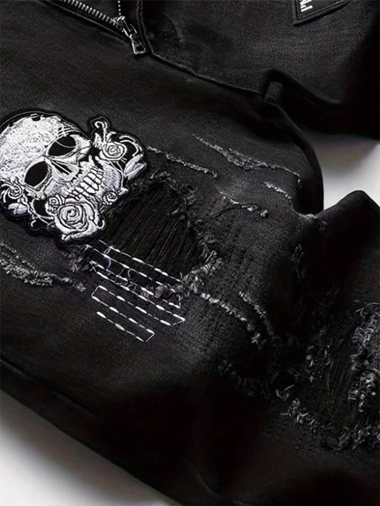 Men's Black Distressed Jeans Skull Patch & Embroidery Letter Print Slim Fit Stretch Denim Pants Street Fashion Biker Trousers