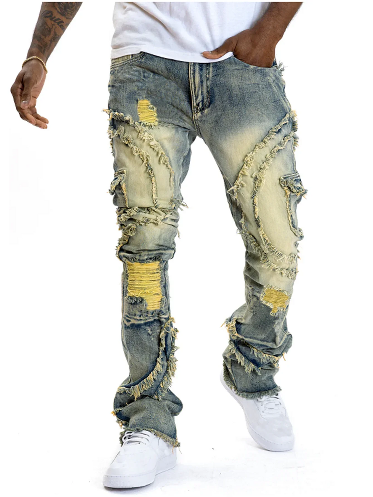 New Men Ripped Stacked Jeans Distressed Slim Fit Skinny Straight Leg Jeans Fashion Hip Hop Denim Pants Casual Streetwear