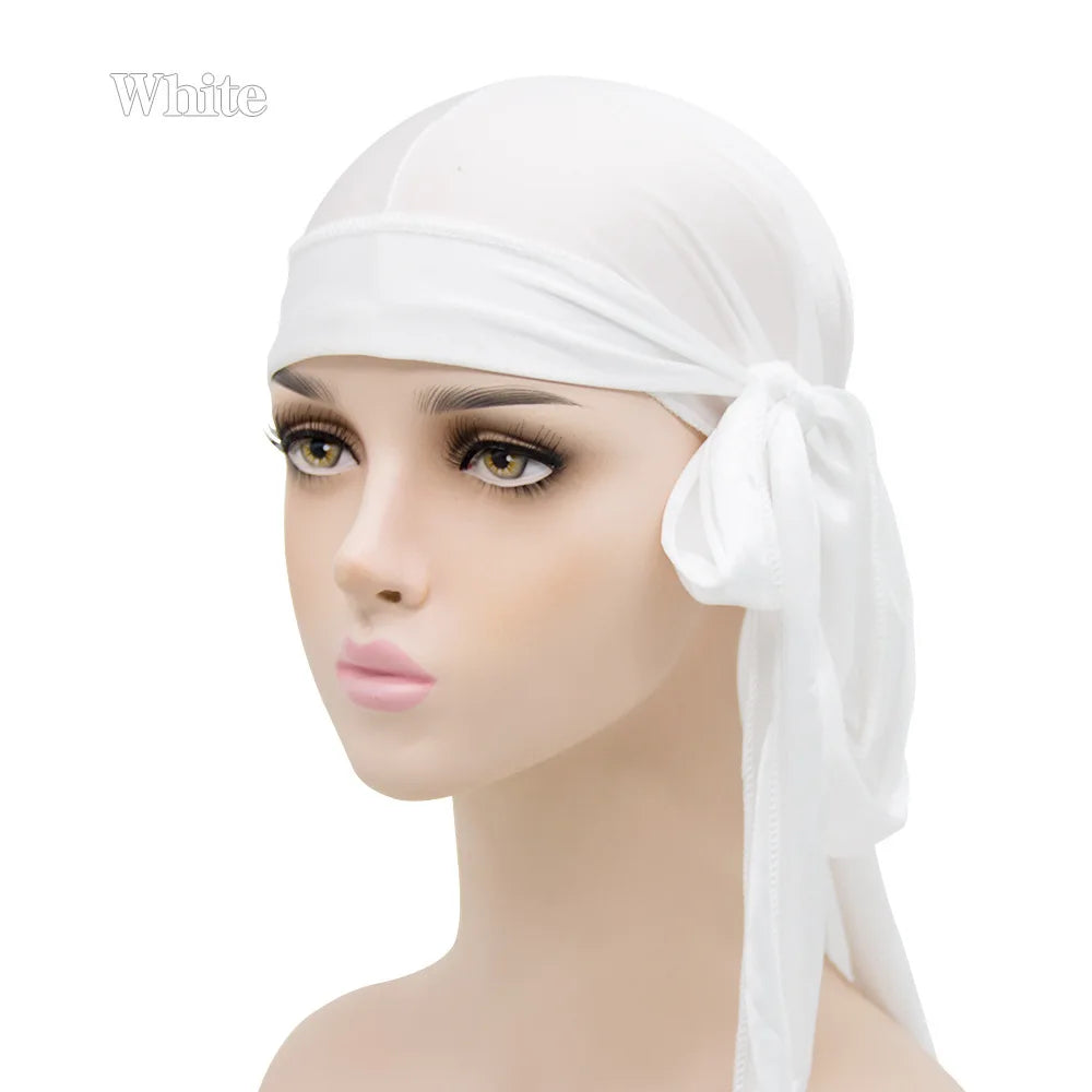 2024 Neue Satin Durag Turban Motorhaube Perücken Durag Biker Headwrap Piratenhut Kappe für Männer Haarschmuck Lange Schwanzriemen Bandanas