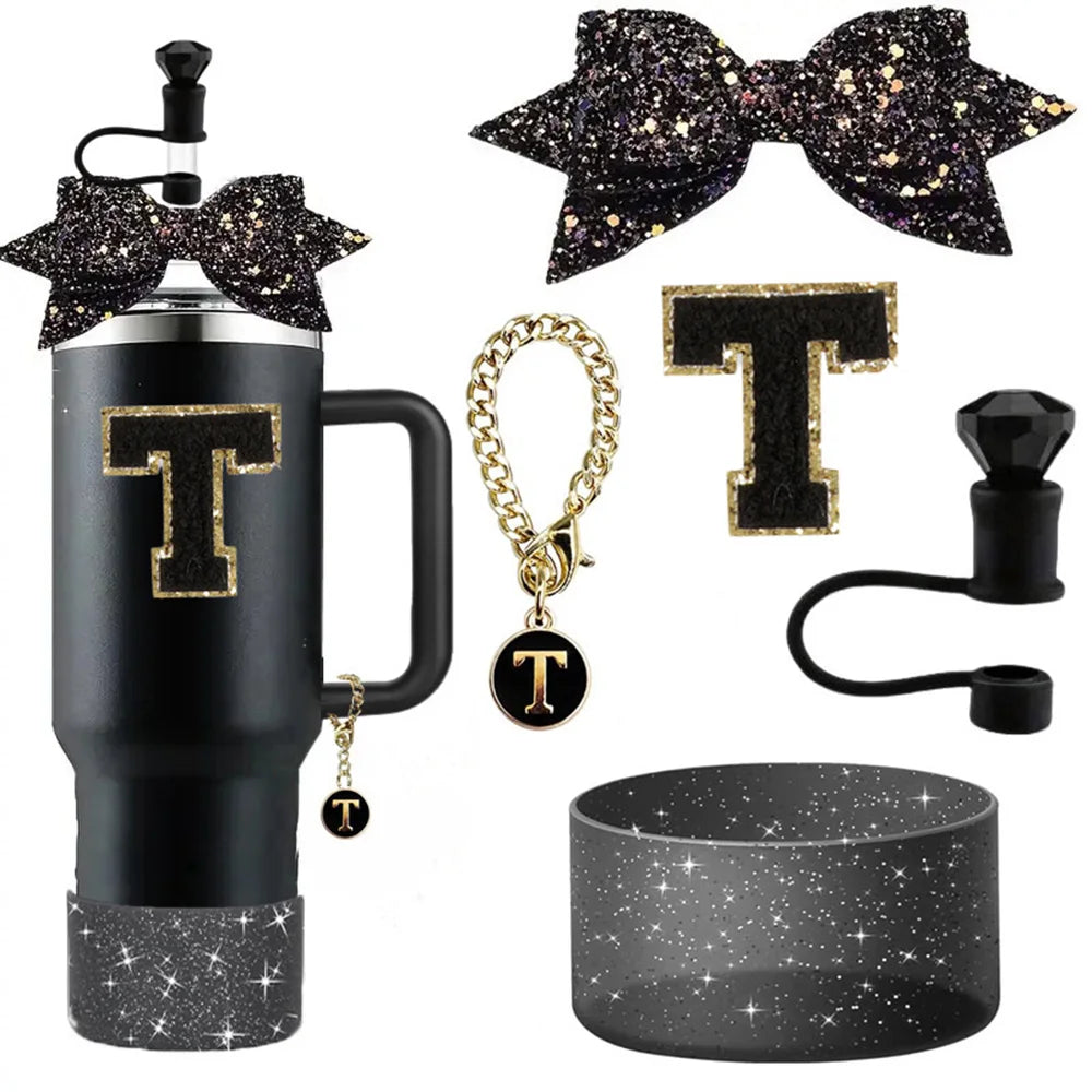 5pcs Accessories Set for Stanley 30oz 40oz Tumbler Cup Including 10mm Diamond Straw Cover Topper Bow Ties Initial Sticker