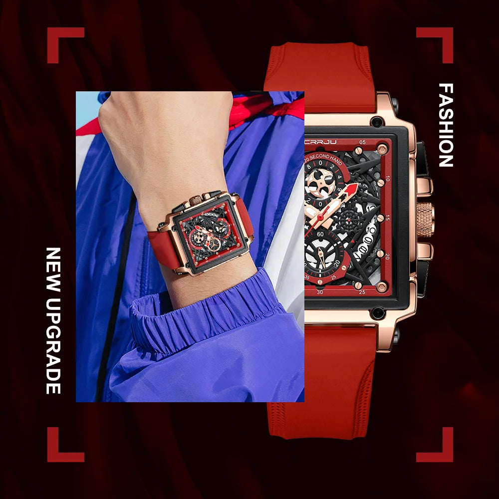 CRRJU Modische Sportuhren mit großem Zifferblatt, einzigartiges rechteckiges, hohles Design, Quarz-Armbanduhren mit Chronograph, automatisches Datum