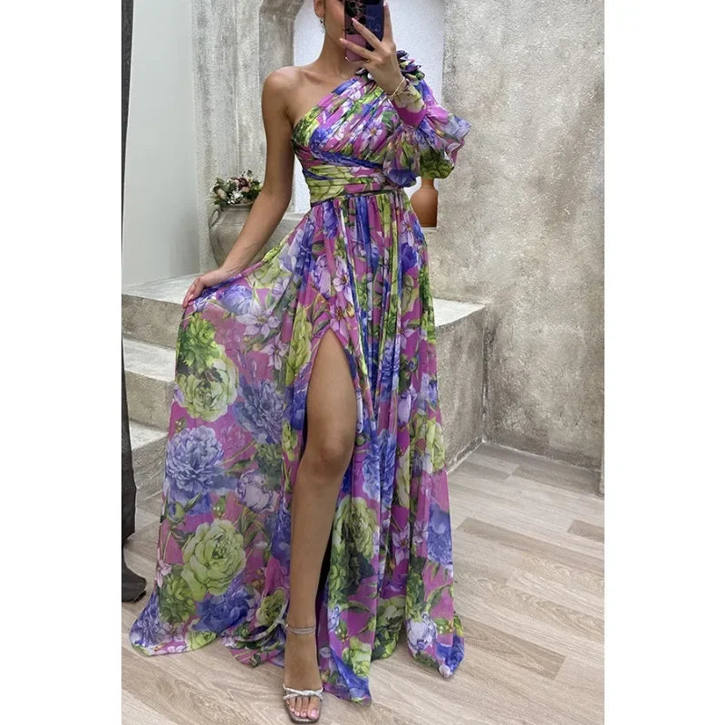 Women's Casual Off Shoulder Long Sleeved Waist Tied Dress with Slanted Collar Holiday Party Fashion Print Slit Dress