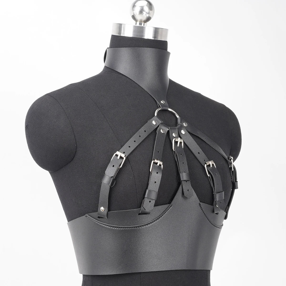 Women’s Black Leather Harness Bra - Adjustable Straps, Metal Ring Detail, Gothic and Punk Fashion, Rave Outfit, Plus Sizes