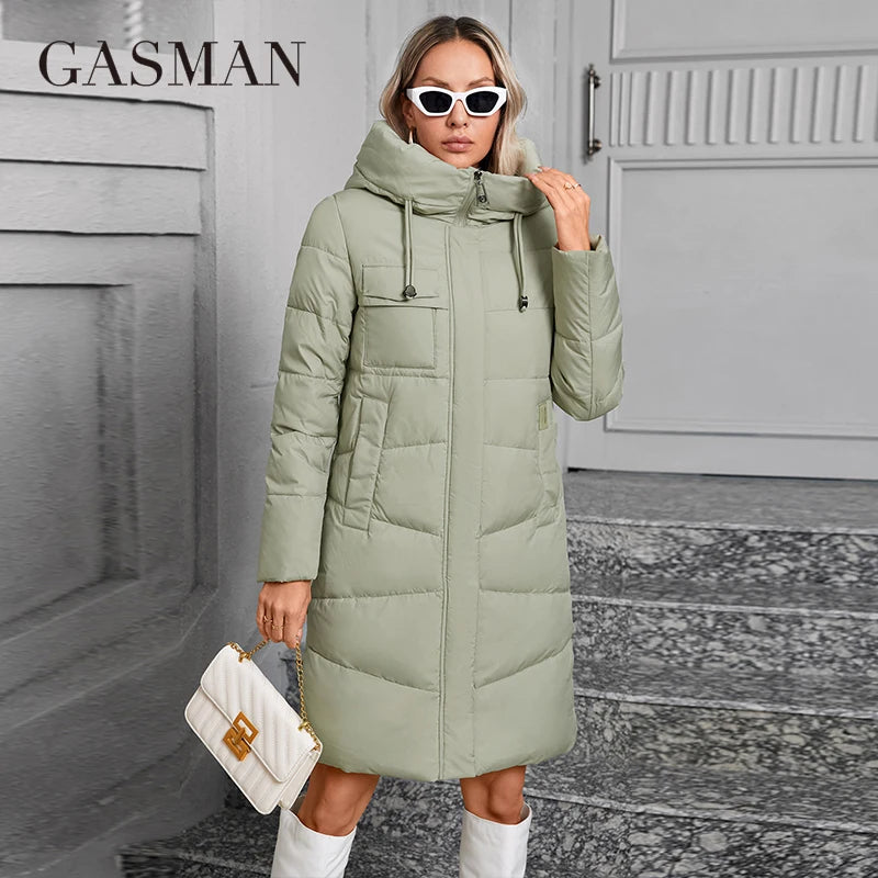 GASMAN  Women Down Jacket Long Classic zipper design Big Pocket Stand Collar Hooded Slim coat Women Parkas