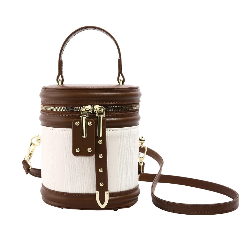 PU Leather Shoulder Crossbody Bag Cylinder Bag Vintage Small Handbag Purse with Top Handle Zippered for Everyday Carry