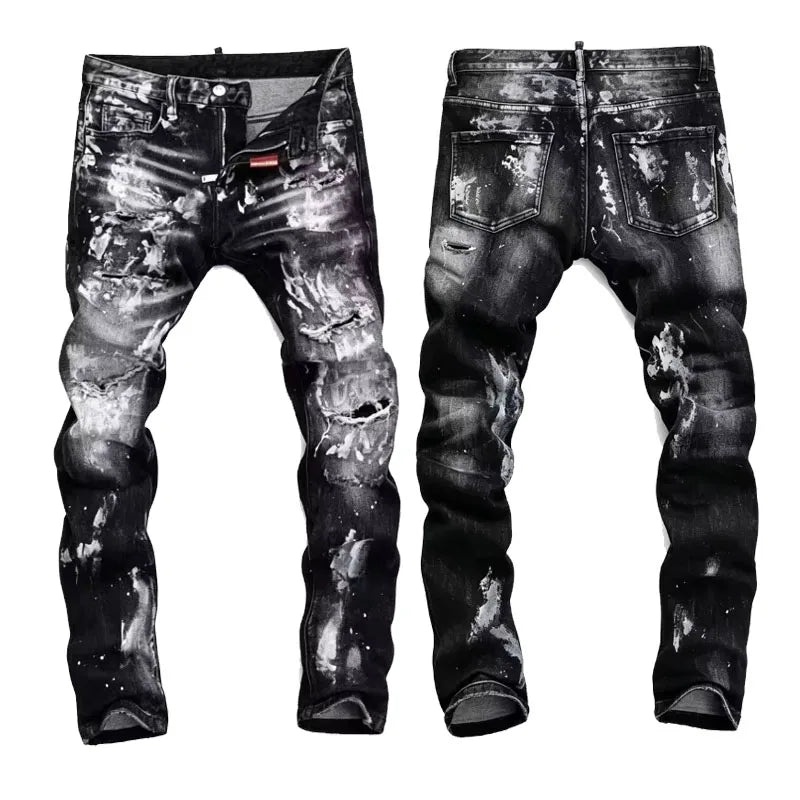 Men's Black Paint Splatter Distressed Jeans  High Stretch Ripped Slim Fit Streetwear Denim Pants Punk Graffiti Style Trousers