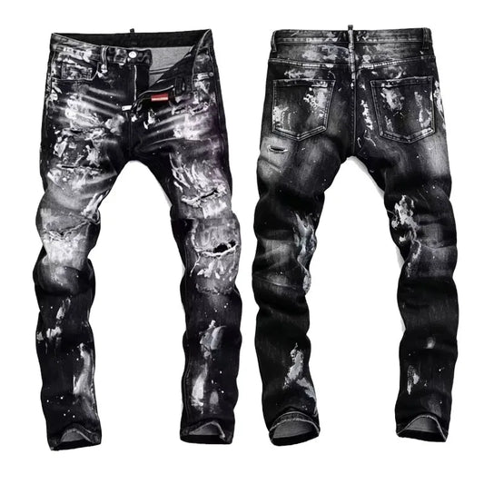 Men's Black Paint Splatter Distressed Jeans  High Stretch Ripped Slim Fit Streetwear Denim Pants Punk Graffiti Style Trousers