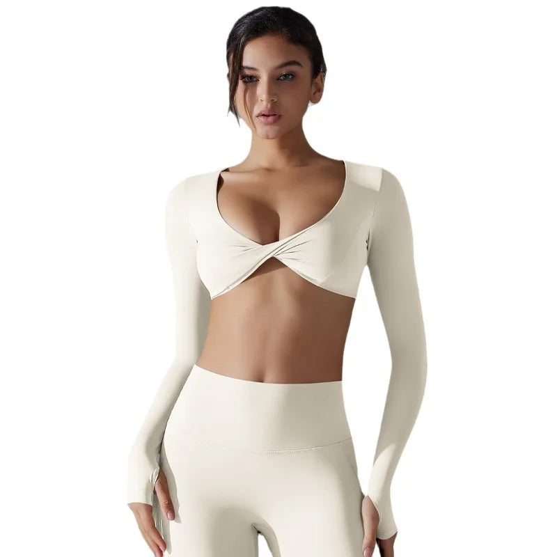 Sports Long Sleeved Fitness Suit Women's Deep V-neck Slim Fit Breathable Ins Style Exposed Navel Outdoor Yoga Suit Short Top