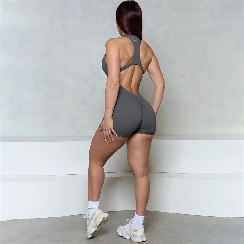 Women Bum Sleeveless ZIPPER Scrunch Butt Romper Women Sporty Jumpsuit Lycra Short Fitness Gym Overall New Workout Clothes