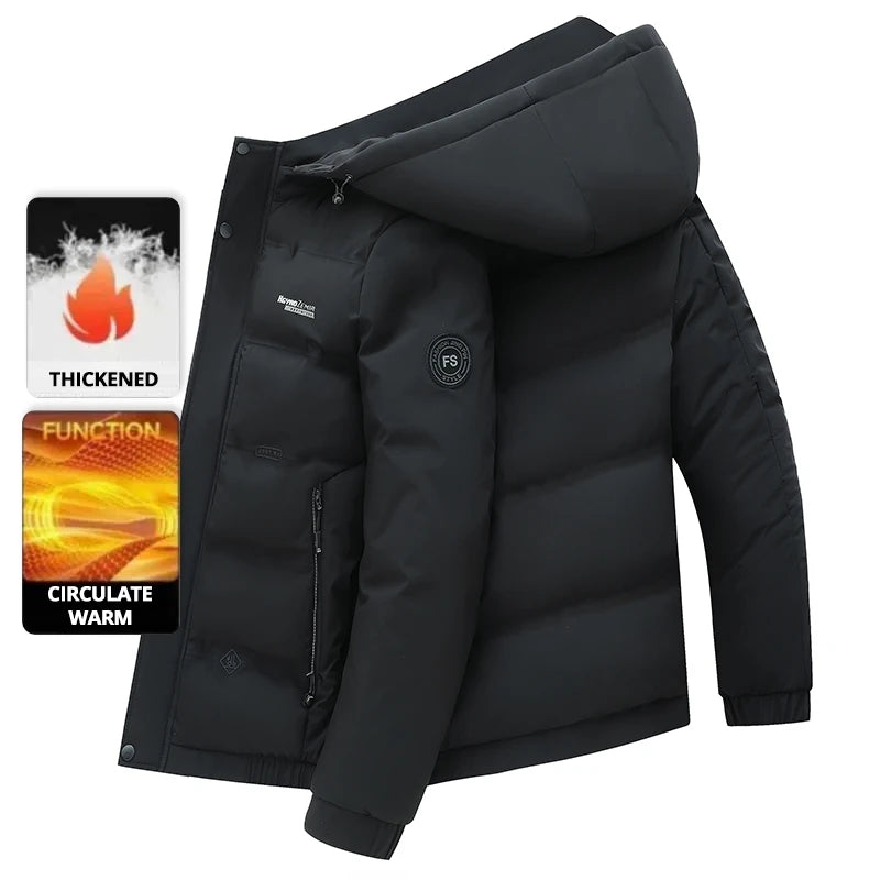 Men's Quilted Winter Windbreaker Parka Jacket with Thickened Lining – Hooded Standing Collar Coat for Middle-Aged Warmth