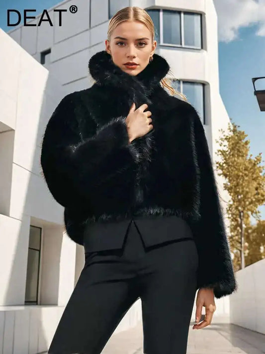 DEAT Fashion Faux Fur Coat Women's Lapel Loose Long Sleeve Black Thick Warm Plush Short Jacket Winter 2024 New Tide 7AB6349
