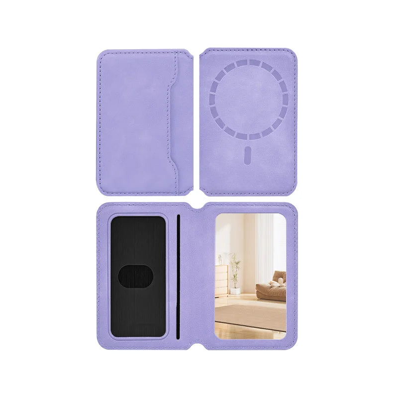 Thin Leather Wallet Magnetic Cellphone Card Holder For IPhone 16 15 14 13 18 17 Pro Max For Magsafe Bring Your Own Makeup Mirror