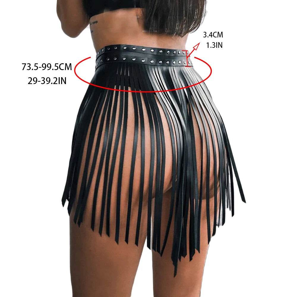 Sexy Femme Lingerie Harness Belt Pu Leather Tassel Skirt Garter Belt Bdsm Fetish Clothing Festival Rave Outfit Sex Accessories