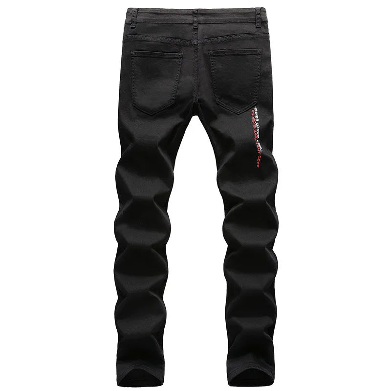 Fashion Embroidery Letters White Skinny Jeans Trousers Men Hip Hop Punk Casual Motorcycle Stretch Ripped Denim Pants Streetwear