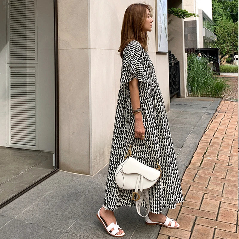 Johnature 2025 New Print Ruffles Sleeve Women Dresses Summer Korean Loose O-neck Simple Female Dress