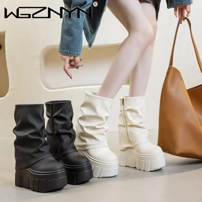 14CM New Ankle Booties Shoes Natural Microfiber Leather Boots 2025 Winter Women Motorcycle Boots Platform Ladies Fashion Botas