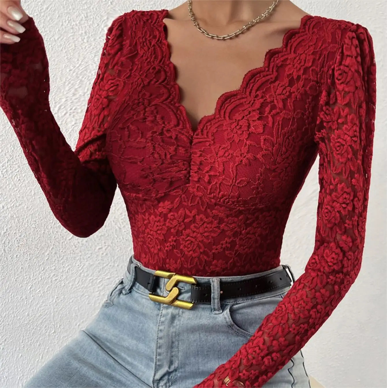 Women's Jumpsuit Onesie Lace Long Sleeve Perspective Embroidery Black V-neck Slim White Base Shirt Red Bodysuit