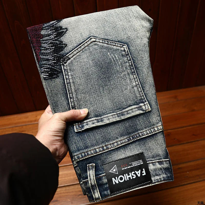 New Embroidered Perforated Light Luxury High end Jeans Men Elastic Fashion Brand Slim Fit Fashion High Street Casual Denim Pants