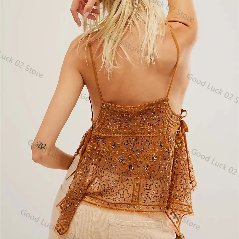 Women Y2K Sequin Mesh Tank Top Glitter Floral Embroidered Cami Crop Top Coquette Sleeveless Backless Rhinestone Camisole