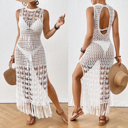 Casual Ladies Beach Skirt Hollow out Floral Print Long Dress Waist Cinched Fringed Sandy Coastline Women's Fashion Outerwear