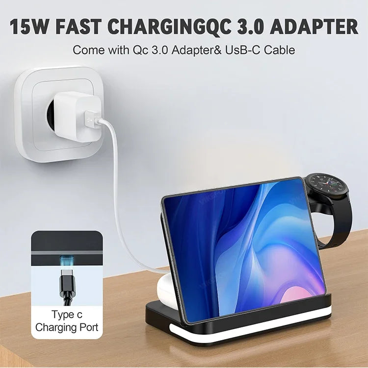 Wireless Charger Stand For iPhone 17-12 Samsung S25 S22 Ultra Fold Z Flip Galaxy Watch Active Buds Fast Charging Station Holder