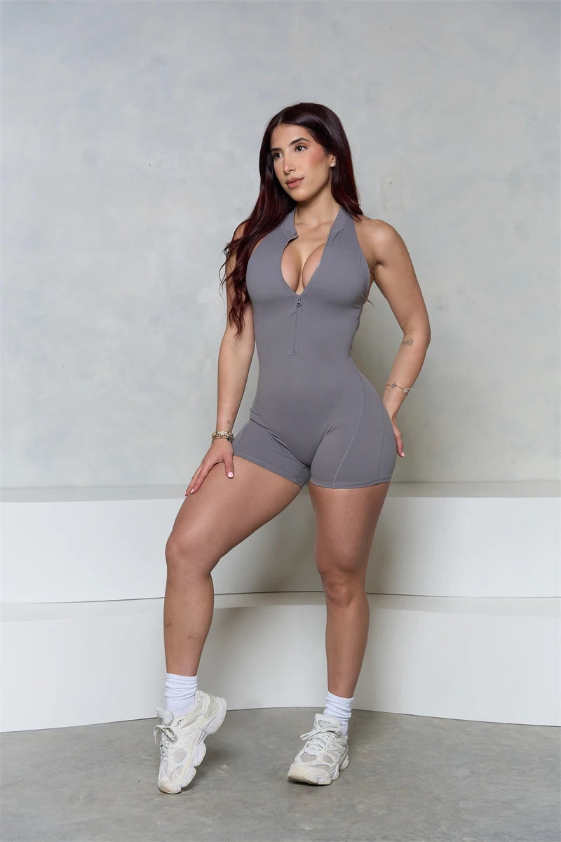 Women Bum Sleeveless ZIPPER Scrunch Butt Romper Women Sporty Jumpsuit Lycra Short Fitness Gym Overall New Workout Clothes