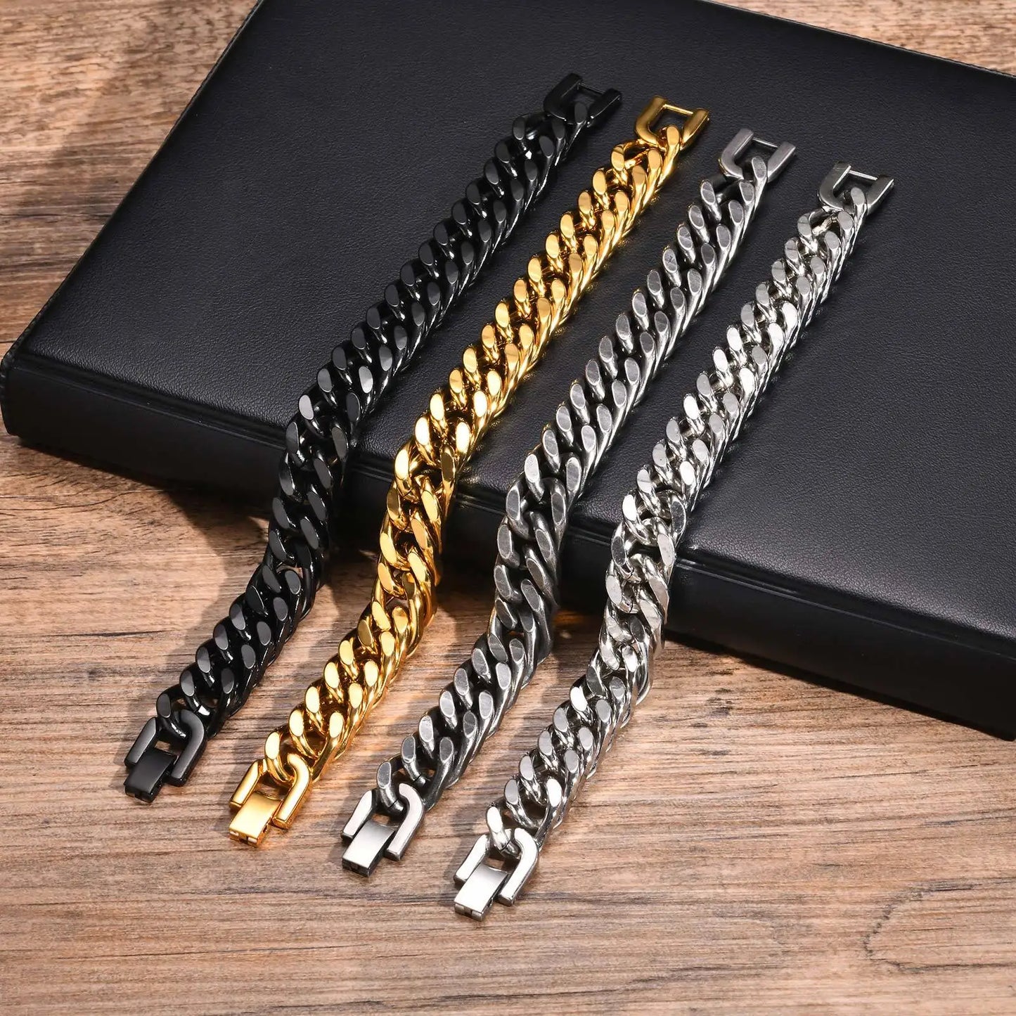 Gold Color Mens Cuban Chain Bracelet,Chunky 8/10/12/15mm Waterproof Stainless Steel Link Wristband Gift Jewelry,19cm /21.5cm