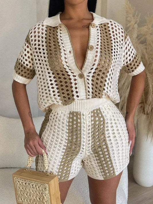 Women's Two Pieces Set Knit Ribbed Crochet Patchwork Outfits Short Sleeve Shirt Sweater Short Suit  Two Set Outfit Tracksuit
