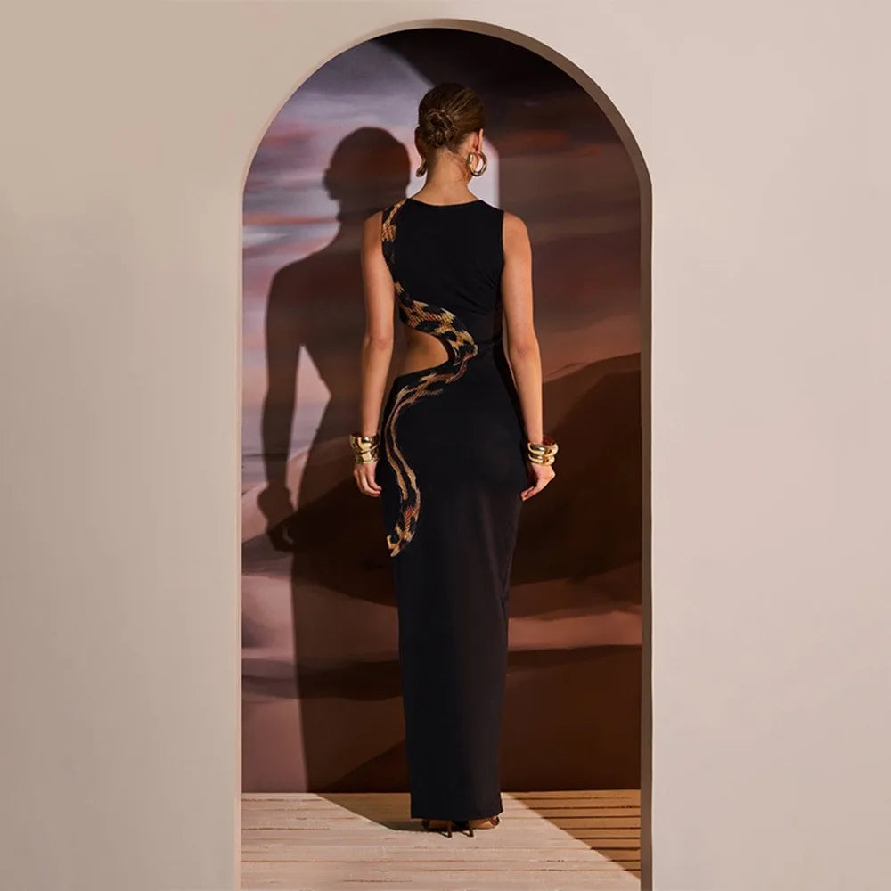 European And American Traditional Wear Dress Women's Long Black Maxi Dress Side Slit Cutout Waist Snake Print Hollow Out Round