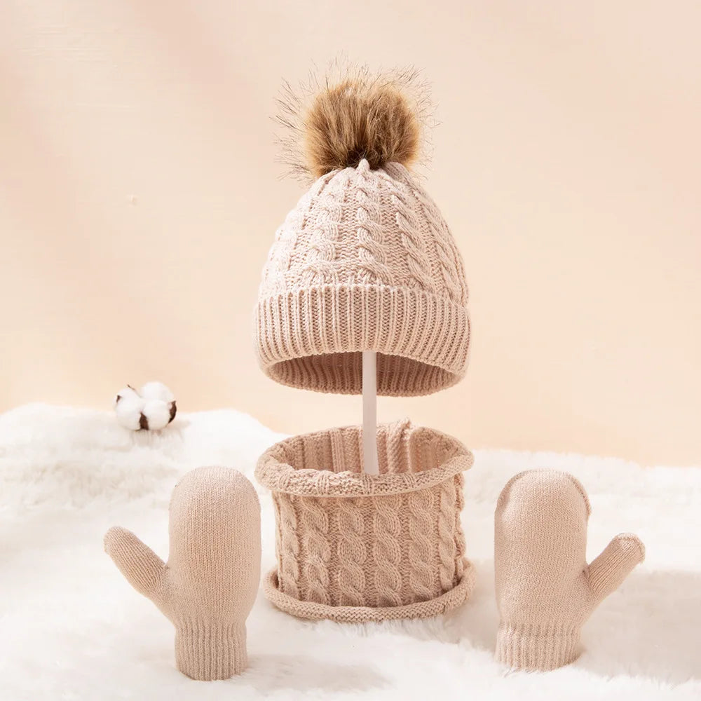 Baby Wintermütze und Schal Handschuhe Set Kinder Twist Strickmütze Mütze Neugeborenen Snood Schal Mütze Säugling Kleinkind Motorhaube Zubehör