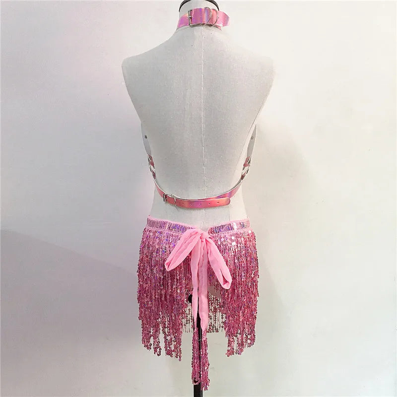 Women PU Leather Harness 2 Piece Set Sexy Hollow Out Metal Chest Chain With Tassel Sequins Mini Skirt Gothic Party Club Outfits