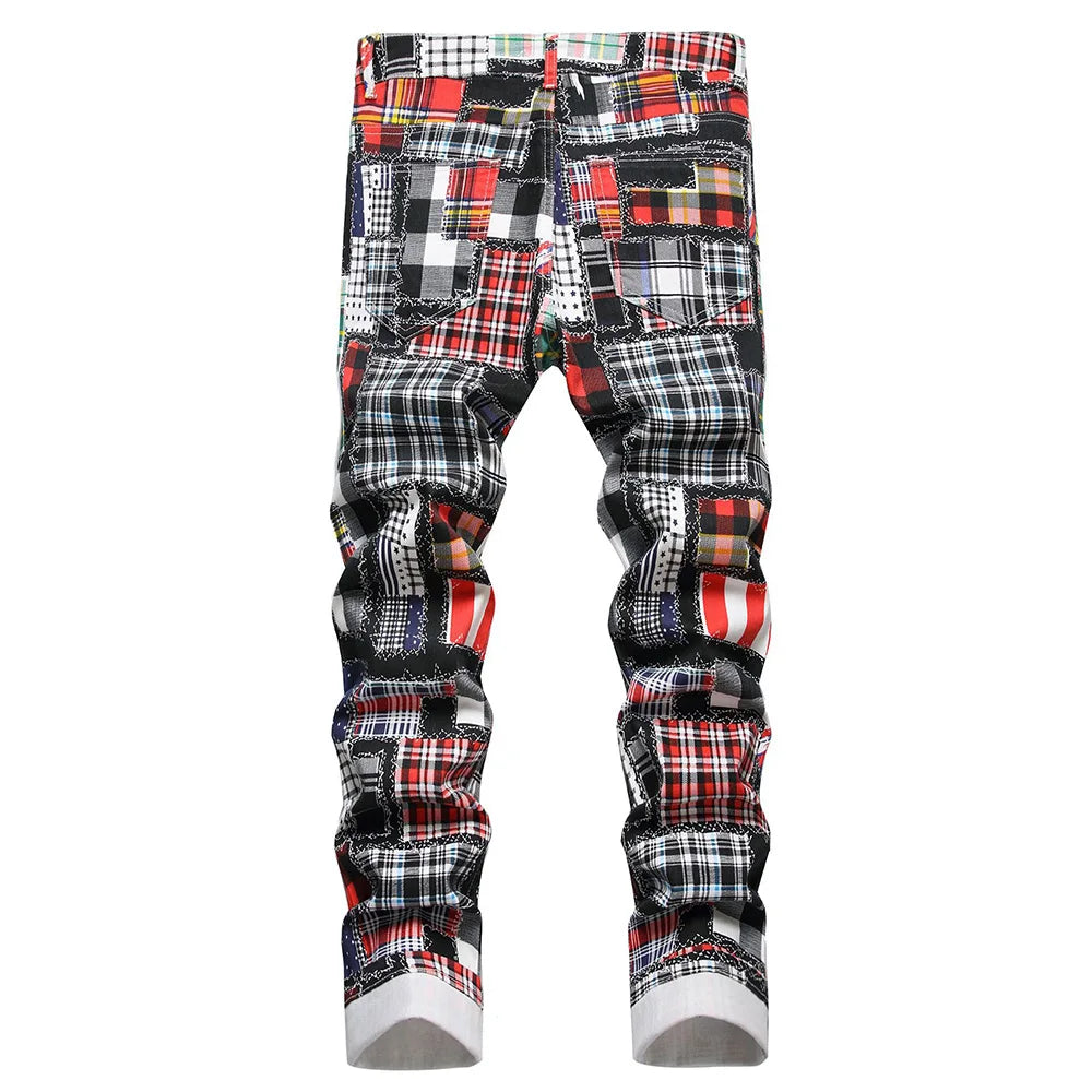 Männer Plaid Digital Print Jeans Mode Patches Patchwork Stretch Denim Hosen Schlank Gerade Hose