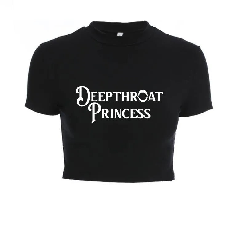Deepthroat Princess Women Crop Top Black Short Bandage Tee Tops Girls Sexy TShirt Harajuku High Elasticity Tight Short Sleeves