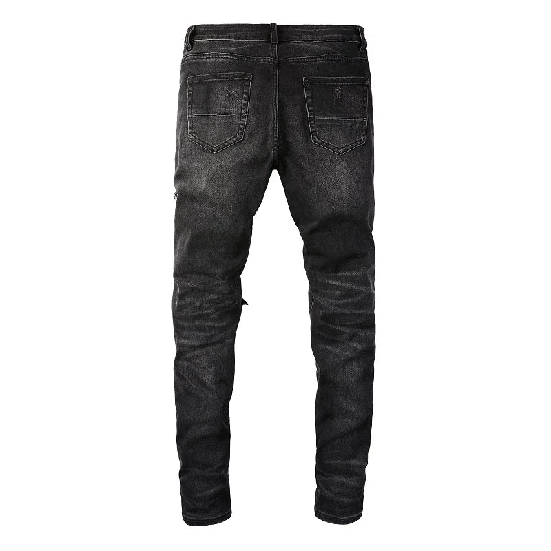 Men Cracked Leather Patch Biker Jeans Streetwear Pleated Patchwork Holes Ripped Stretch Denim Pants Skinny Tapered Trousers