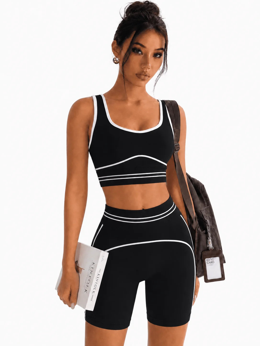 Women Contrast Trim 2 Piece Yoga Set U Neck Sports Bra Crop Top High Waist Biker Shorts Outfit Seamless Gym Workout Running Fitn