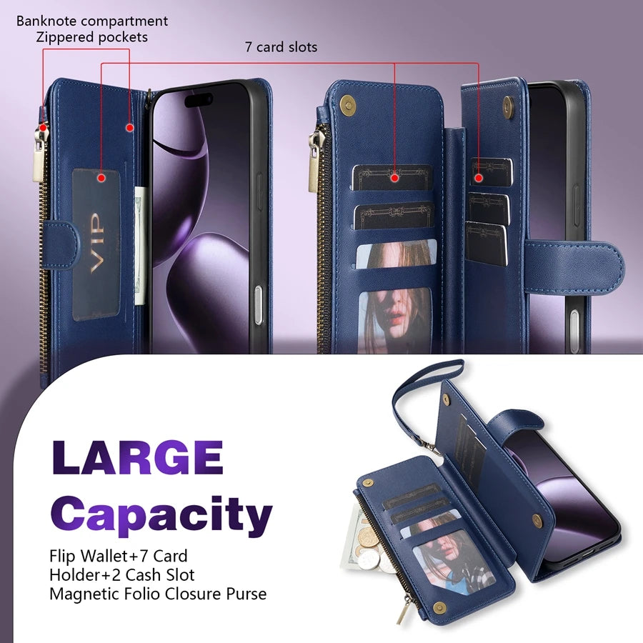Wallet Multi-card Slot Zipper Kickstand Magnetic Flip Leather Case For iPhone 17 Pro Max 17e Air 16e 15 Plus 14 13 12 11 XR 8 7