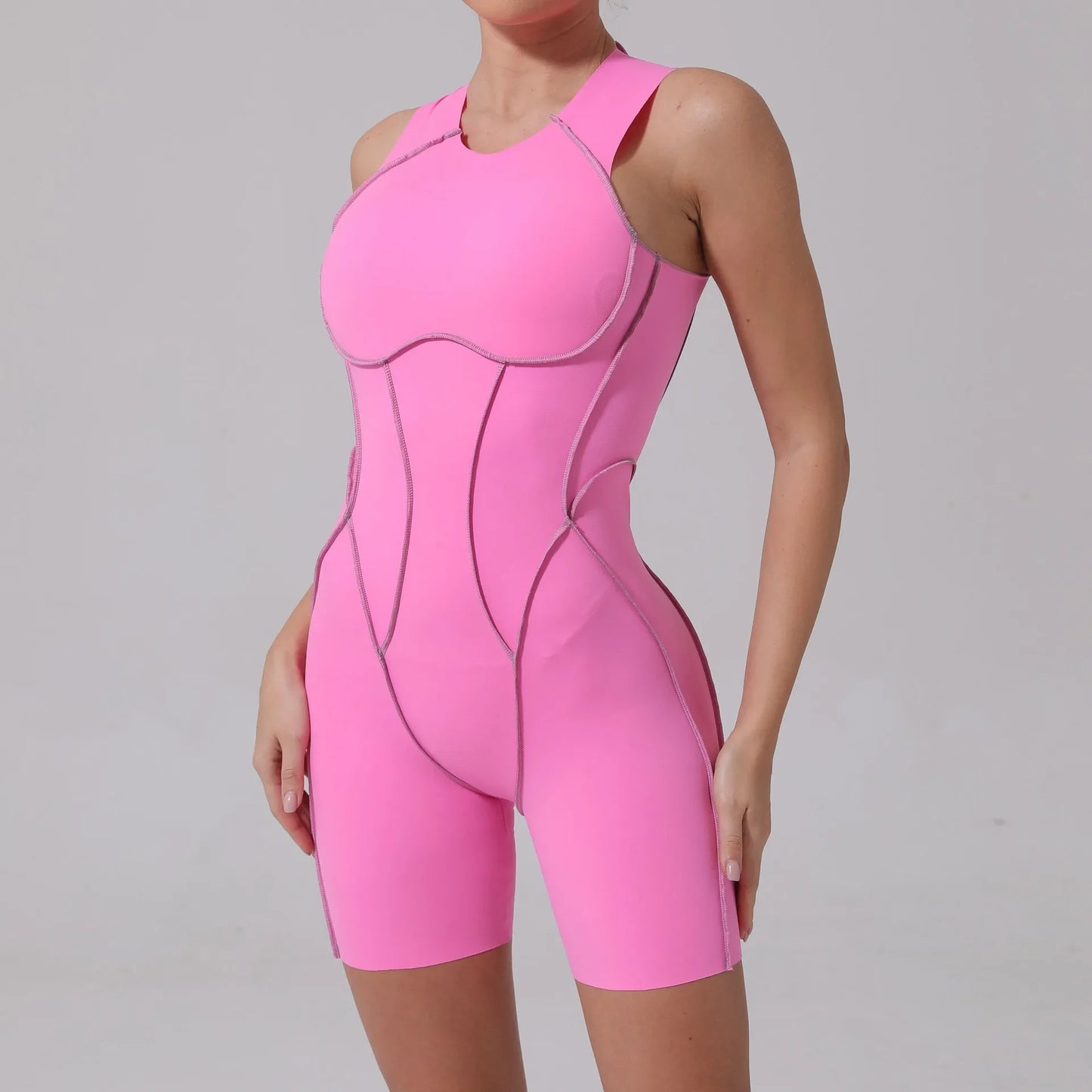 New Summer Stitching Color Backless Yoga Jumpsuits With Chest Pads Women Sleeveless Sports Bodysuit Hip Lifting Workout Overalls