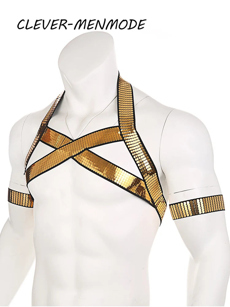 With 2 Arm Bands Men's Golden Shiny Harness Men Bondage for Nightclub Halter Neck Elastic Straps Lingerie Body Chest Harness