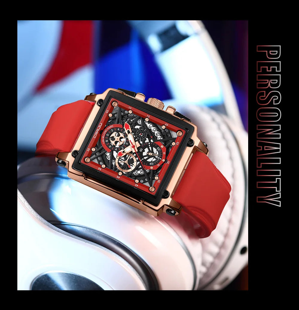 CRRJU Modische Sportuhren mit großem Zifferblatt, einzigartiges rechteckiges, hohles Design, Quarz-Armbanduhren mit Chronograph, automatisches Datum