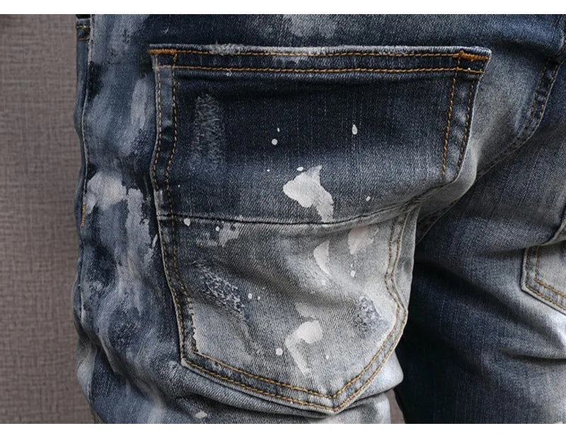 Retro Style Men's Slim Fit Jeans Distressed Hole Design Elastic Casual Long Pants Youth Trendy Street Style Straight Leg Jeans
